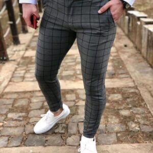 Calças masculina reta xadrez de cintura alta, roupa casual fina, primavera e outono
