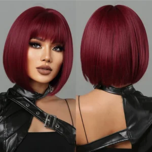 Perucas sintética curta com franja, Wine vermelho, borgonha natural bob peruca reta para preto feminino festa cosplay traje resistente ao calor