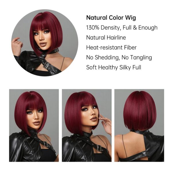 Perucas sintética curta com franja, Wine vermelho, borgonha natural bob peruca reta para preto feminino festa cosplay traje resistente ao calor - Image 14