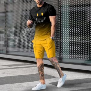 Camisetas + shorts masculino, conjunto, com padrão de rosto sorridente, grande roupa esportiva retrô, moda de rua casual, novo verão, 2023, 2 peças