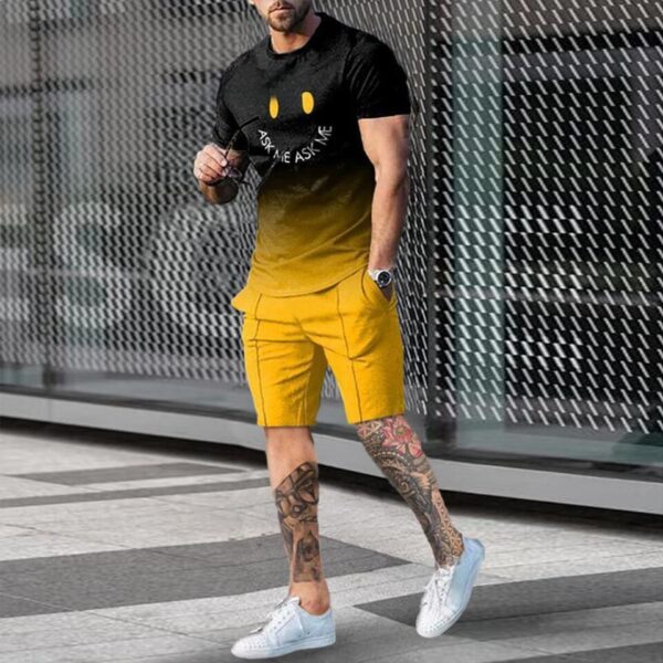 Camisetas + shorts masculino, conjunto, com padrão de rosto sorridente, grande roupa esportiva retrô, moda de rua casual, novo verão, 2023, 2 peças