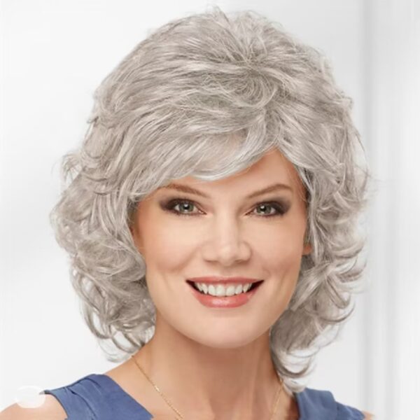Perucas de cabelo sintético curto, HAIRJOY, encaracolado com Bangs Ombro Comprimento Castanho Loiro Cinzento Branco Peruca - Image 4