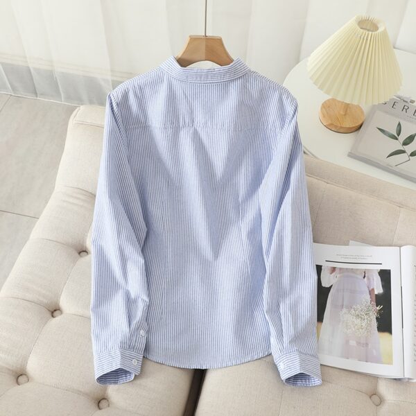 Camisas feminina casual de algodão Oxford, blusa e tops, camisas listradas brancas e azuis, roupa de boa qualidade, nova, outono - Image 3