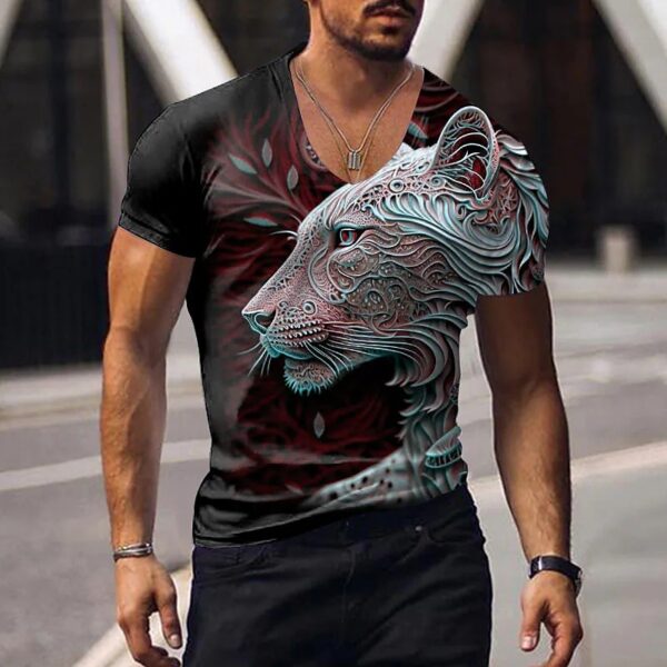 Camisetas masculina manga curta, animal estampada em 3D, tops com gola V, camiseta extragrande, roupas da moda de alta qualidade, verão - Image 3