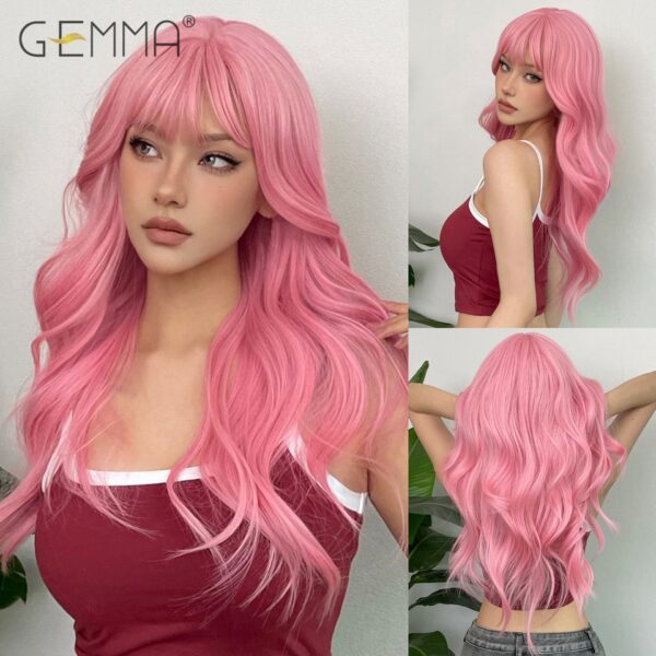 Peruca sintética longa ondulada cosplay GEMMA com Franja, peruca de cabelo natural para mulheres brancas, festa, resistente ao calor, rosa claro - Image 6