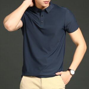 Camisetas masculina polo de manga curta, cor sólida, seda gelada, solta, lapela, verão, novo, 2023