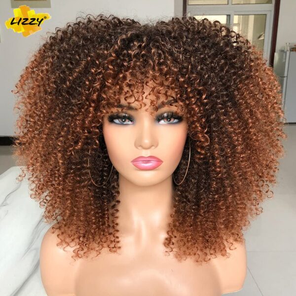 Perucas curta afro, encaracolada com Franja, africano sintético, sem cola, fofo, preto, ombre, marrom - Image 8