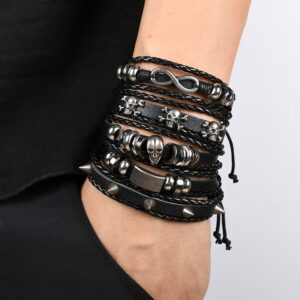 Pulseiras masculina vintage de couro multicamadas, caveira gótica, metal estrela