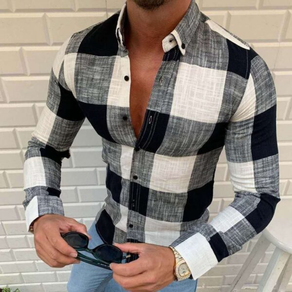 Camisas masculina xadrez manga longa, camisa de botão lapela, moda streetwear, top vintage, moda primavera e outono - Image 3