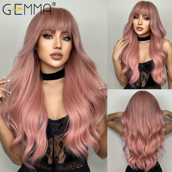 Peruca sintética longa ondulada cosplay GEMMA com Franja, peruca de cabelo natural para mulheres brancas, festa, resistente ao calor, rosa claro - Image 3