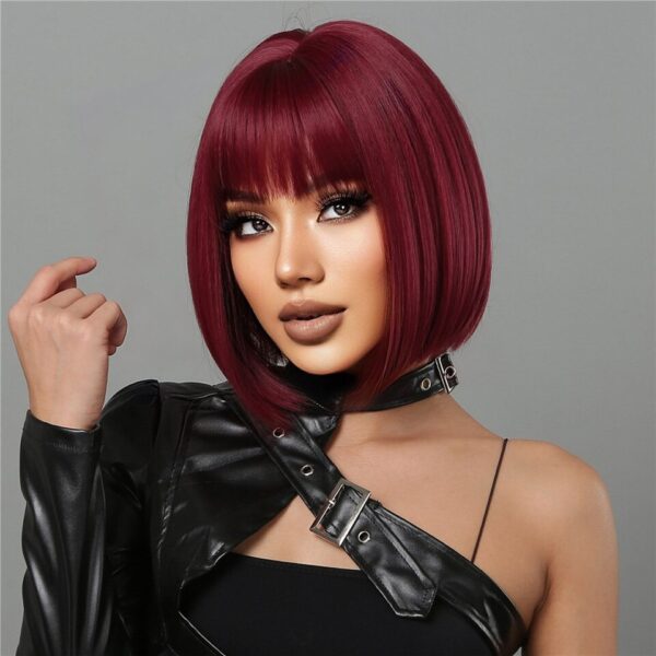 Perucas sintética curta com franja, Wine vermelho, borgonha natural bob peruca reta para preto feminino festa cosplay traje resistente ao calor - Image 4
