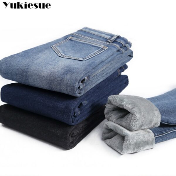 Calças feminina Jeans magro de veludo grosso de cintura alta, velo simples, slim fit, stretch, jeans casual feminino, calça lápis, inverno