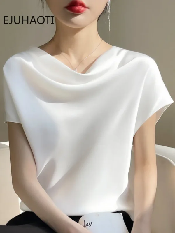 Camisas feminina, francesas de Seda, Elegante T-shirt de Cetim, Manga Curta Simples, Tops Femininos, Novo, Verão, 2023 - Image 3
