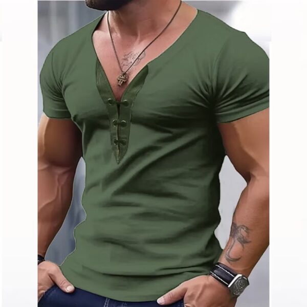 Camisetas masculina slim fit vintage com retalho em V, tops casuais de pulôver de manga curta, camisetas de streetwear, verão, nova - Image 3
