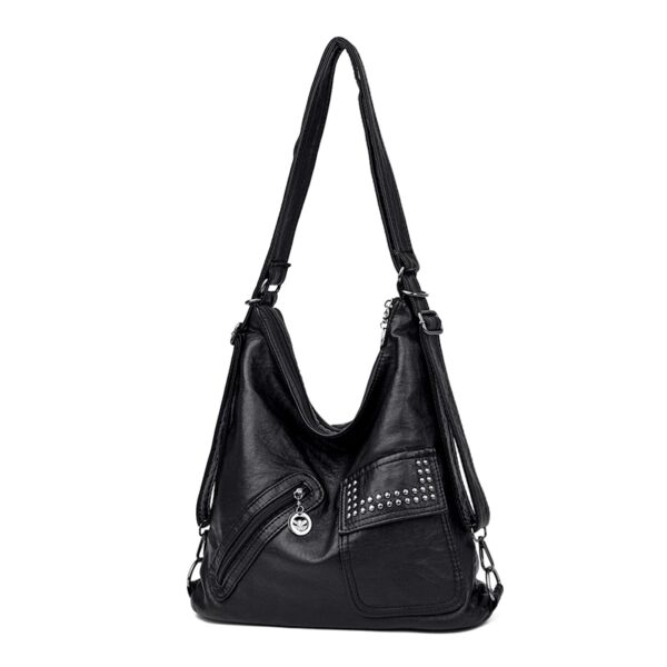 Bolsas feminina preta grande, bolso múltiplo, couro PU, bolsa de ombro, decoração rebite, vintage, mochila. - Image 3