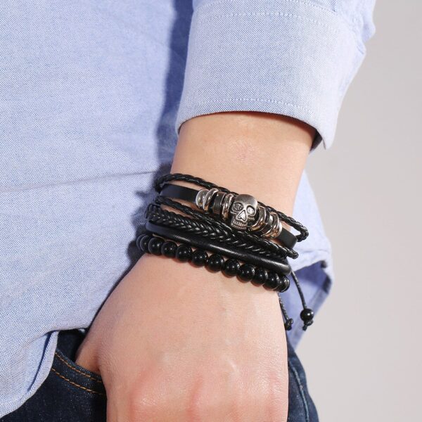 Pulseiras masculina vintage de couro multicamadas, caveira gótica, metal estrela - Image 25