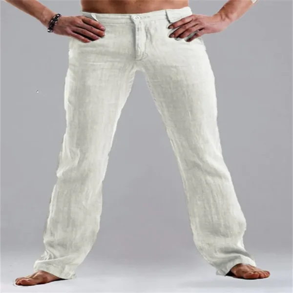 Calças masculina reta casual de linho, comprida, de botão, vintage, fundo de bolso solto, cor sólida que combina com tudo, verão, nova - Image 7
