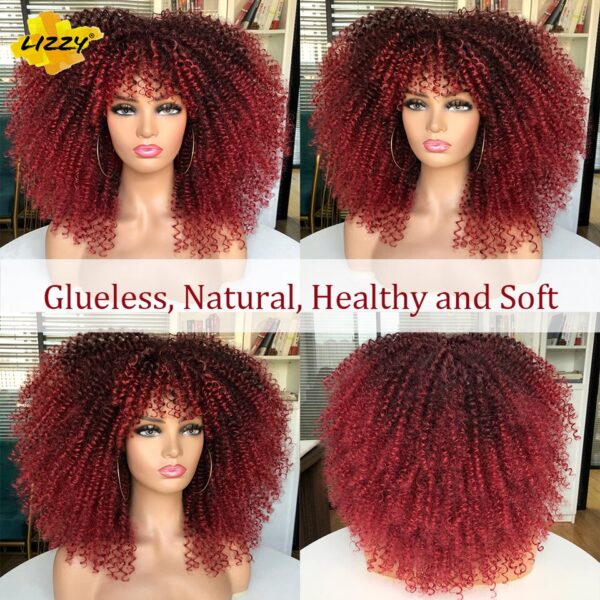 Perucas curta afro, encaracolada com Franja, africano sintético, sem cola, fofo, preto, ombre, marrom - Image 3