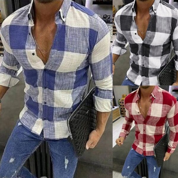 Camisas masculina xadrez manga longa, camisa de botão lapela, moda streetwear, top vintage, moda primavera e outono - Image 2