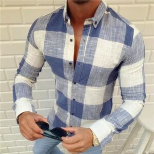 Camisas masculina xadrez manga longa, camisa de botão lapela, moda streetwear, top vintage, moda primavera e outono