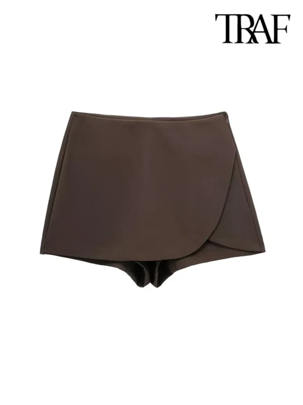 Shorts/Saias feminina, TRAF, auto-sobreposição, cintura alta, zíper lateral, vintage, estilo pareo, moda feminina - Image 4