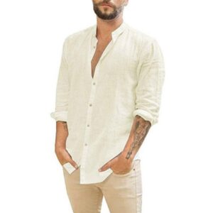Camisas masculina de linho de algodão, manga comprida, monocromáticas, gola alta, casual estilo praia, plus size, verão