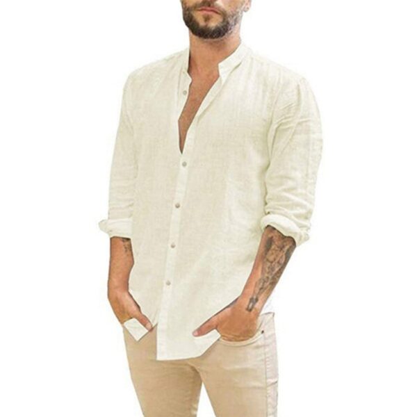 Camisas masculina de linho de algodão, manga comprida, monocromáticas, gola alta, casual estilo praia, plus size, verão