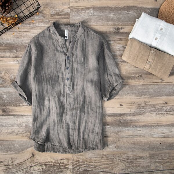 Camisas masculina de manga curta de linho puro, monocromática fina, roupas vintage finas, tamanho grande, BL888, verão, novo, 2023 - Image 5