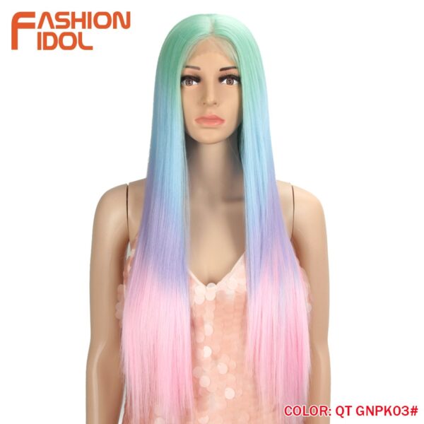 Peruca dianteira, moda ídolo cabelo sintético, do laço 30 Polegada peruca reta arco-íris colorido azul cosplay peruca resistente ao calor - Image 3
