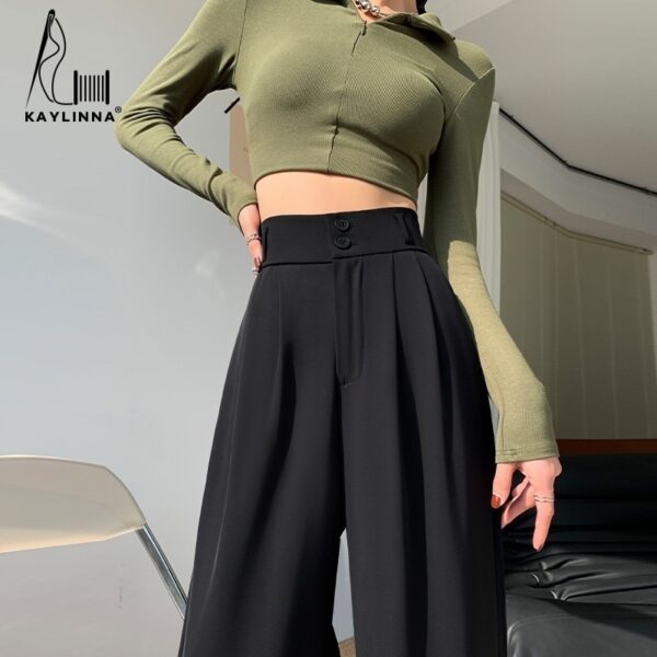 Calças feminina casual de pernas largas, solta reta calça cargosa, moda coreana
