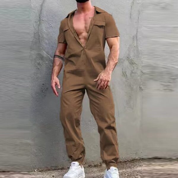 Macacão de manga curta com zíper lapela masculino, monocromático, casual de streetwear, calça longa, moda 2023 - Image 13