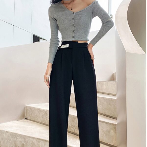 Calças feminina casual de pernas largas, solta reta calça cargosa, moda coreana - Image 8