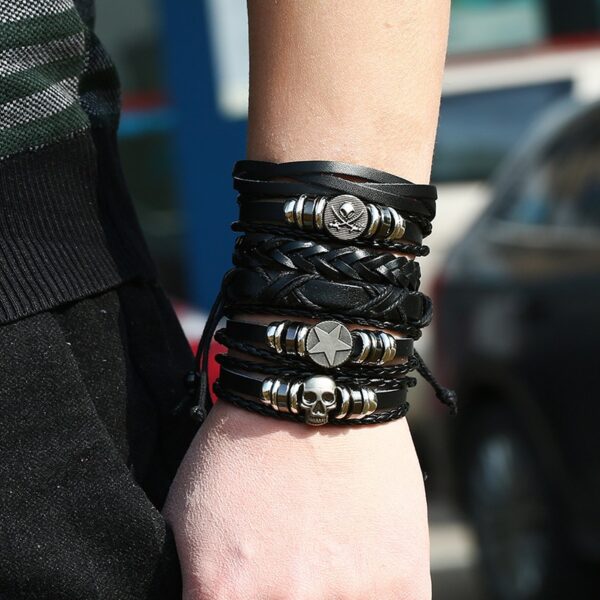 Pulseiras masculina vintage de couro multicamadas, caveira gótica, metal estrela - Image 33