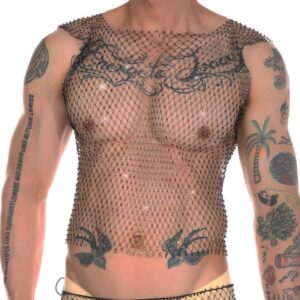 Camisetas masculina sem manga, arrastão, CLEVER MENMODE, Sexy Tank Tops, Strass Brilhante See-Through Colete Oco, Sem Mangas T-Shirt, Transparente