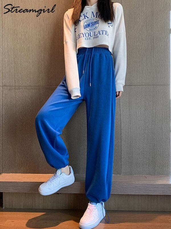 Calças feminina, Moletom azul, calça larga, cintura alta, perna larga, esportiva, outono e primavera - Image 6