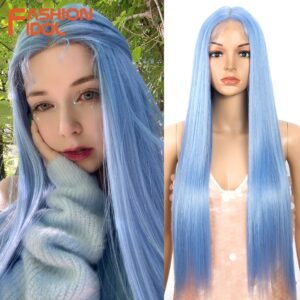 Peruca dianteira, moda ídolo cabelo sintético, do laço 30 Polegada peruca reta arco-íris colorido azul cosplay peruca resistente ao calor