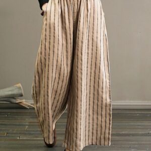 Calças feminina larga listrada vintage, calça capri reta de cintura alta com estampa, calça de algodão fina, 4XL, outono, 2023