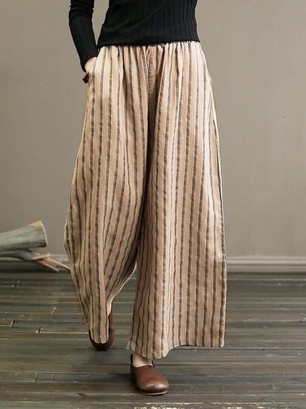 Calças feminina larga listrada vintage, calça capri reta de cintura alta com estampa, calça de algodão fina, 4XL, outono, 2023