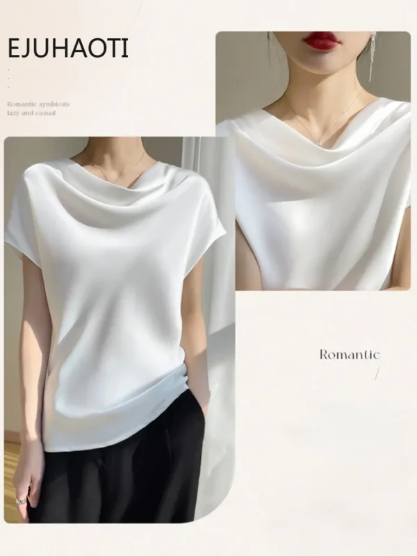 Camisas feminina, francesas de Seda, Elegante T-shirt de Cetim, Manga Curta Simples, Tops Femininos, Novo, Verão, 2023 - Image 9