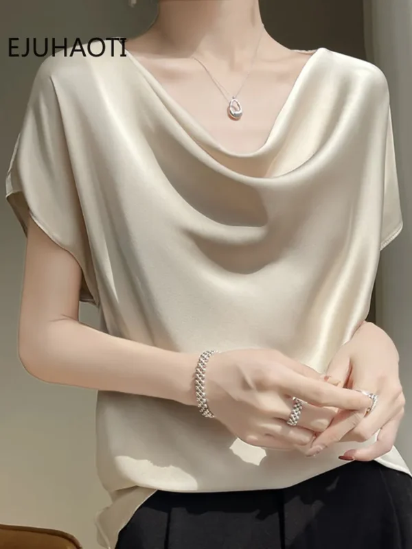 Camisas feminina, francesas de Seda, Elegante T-shirt de Cetim, Manga Curta Simples, Tops Femininos, Novo, Verão, 2023 - Image 8
