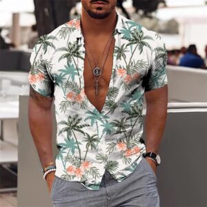 Camisas masculina havaiana slim, tops diários de férias, roupa casual, estampa floral elegante, folhas, social, moda casual, Y2k
