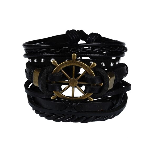 Pulseiras masculina vintage de couro multicamadas, caveira gótica, metal estrela - Image 5
