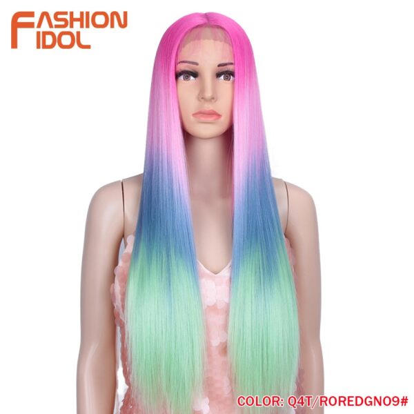 Peruca dianteira, moda ídolo cabelo sintético, do laço 30 Polegada peruca reta arco-íris colorido azul cosplay peruca resistente ao calor - Image 2