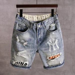 Bermudas masculina, jeans com buracos, jeans lavado, estilo coreano, remendo reto, jeans casual