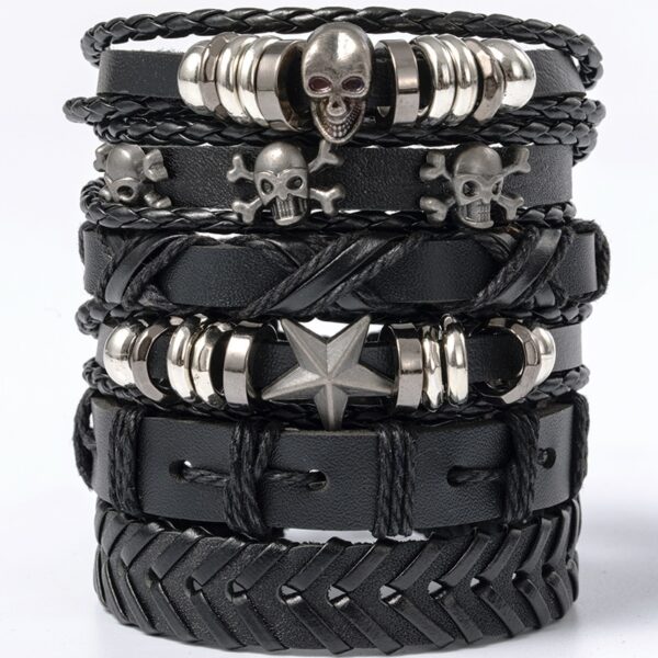 Pulseiras masculina vintage de couro multicamadas, caveira gótica, metal estrela - Image 24