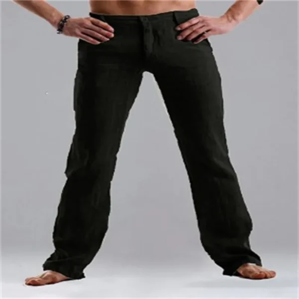 Calças masculina reta casual de linho, comprida, de botão, vintage, fundo de bolso solto, cor sólida que combina com tudo, verão, nova - Image 5