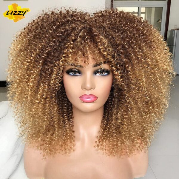 Perucas curta afro, encaracolada com Franja, africano sintético, sem cola, fofo, preto, ombre, marrom - Image 5
