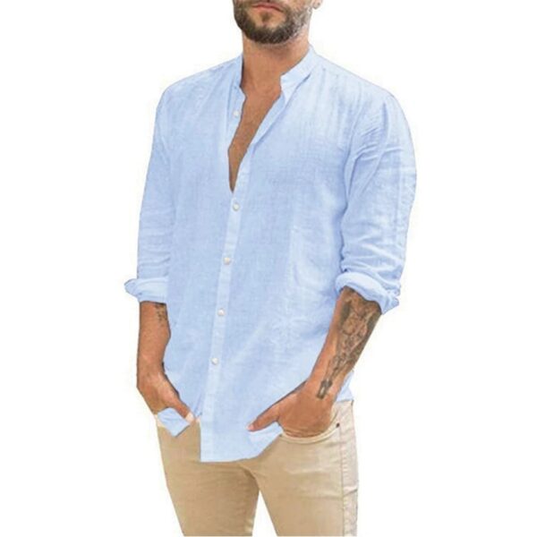 Camisas masculina de linho de algodão, manga comprida, monocromáticas, gola alta, casual estilo praia, plus size, verão - Image 5