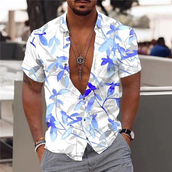 Camisas masculina havaiana slim, tops diários de férias, roupa casual, estampa floral elegante, folhas, social, moda casual, Y2k - Image 24