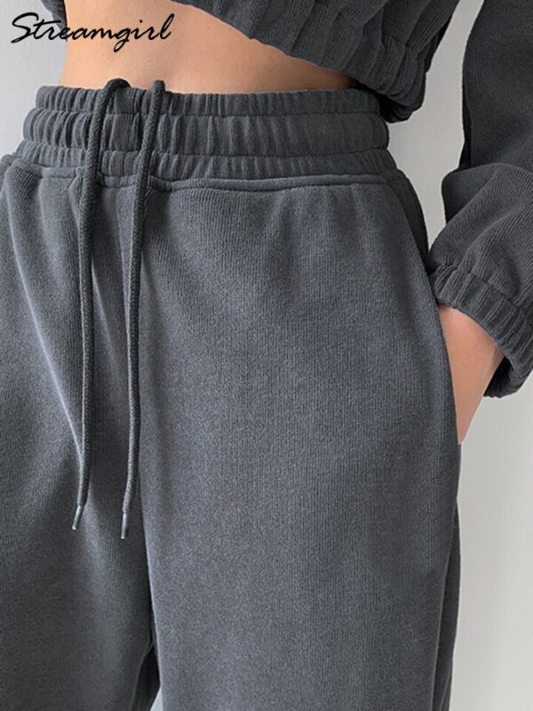 Calças feminina, Moletom azul, calça larga, cintura alta, perna larga, esportiva, outono e primavera - Image 4